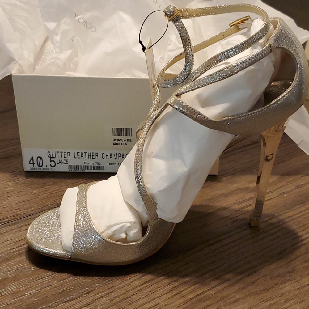 Jimmy Choo Lance Champagne Glitter Leather Sandals